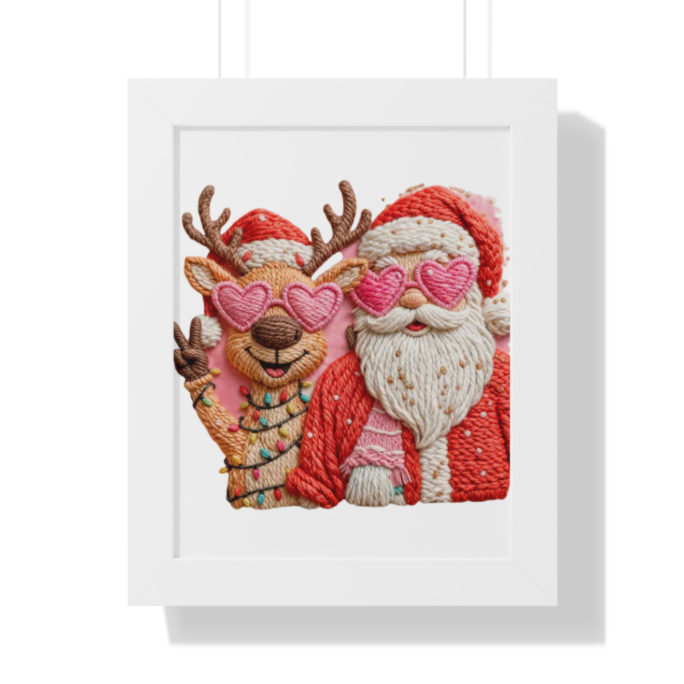 Framed Poster — Santa & Reindeer in Pink Heart Sunglasses (Vertical Holiday Wall Art)