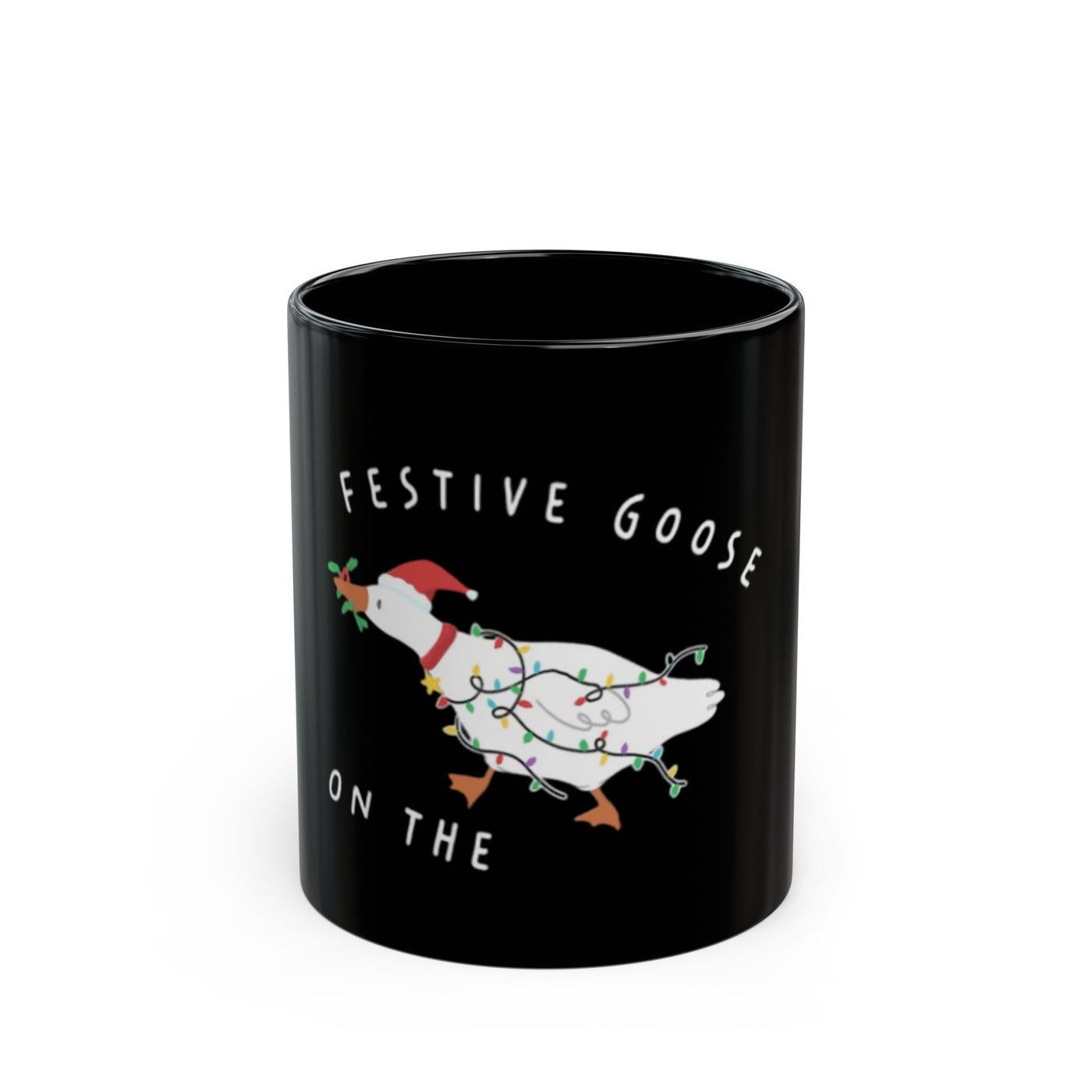 Festive Goose Holiday Mug — Black Ceramic Christmas Coffee Cup (11oz & 15oz)