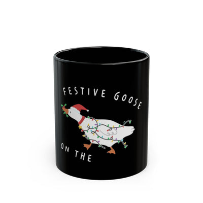 Festive Goose Holiday Mug — Black Ceramic Christmas Coffee Cup (11oz & 15oz)