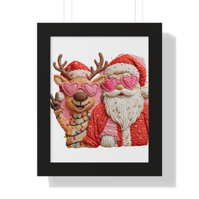 Framed Poster — Santa & Reindeer in Pink Heart Sunglasses (Vertical Holiday Wall Art)