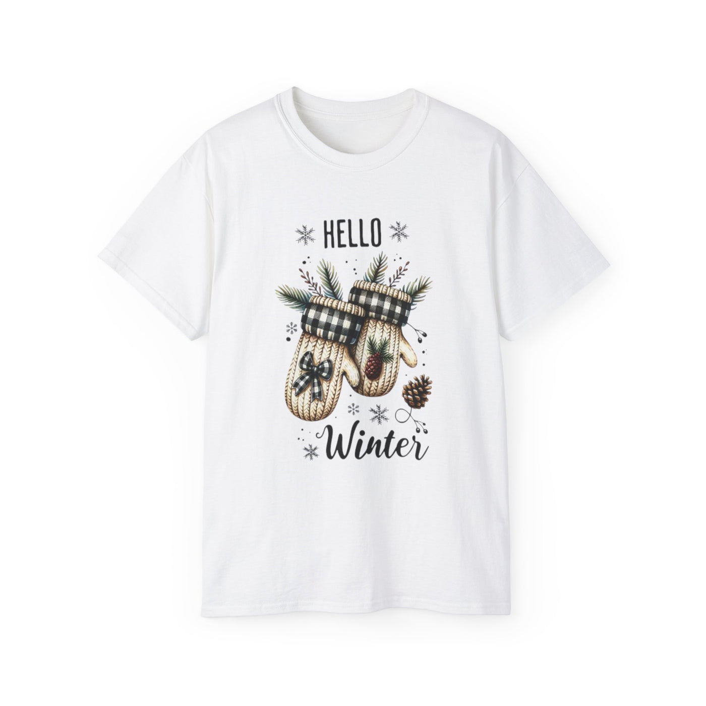 Hello Winter Mittens Tee — Cozy Plaid Holiday Graphic T-Shirt