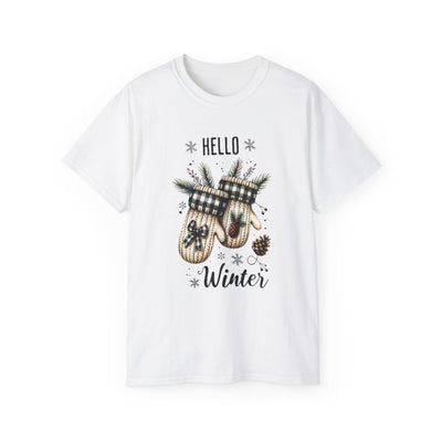 Hello Winter Mittens Tee — Cozy Plaid Holiday Graphic T-Shirt