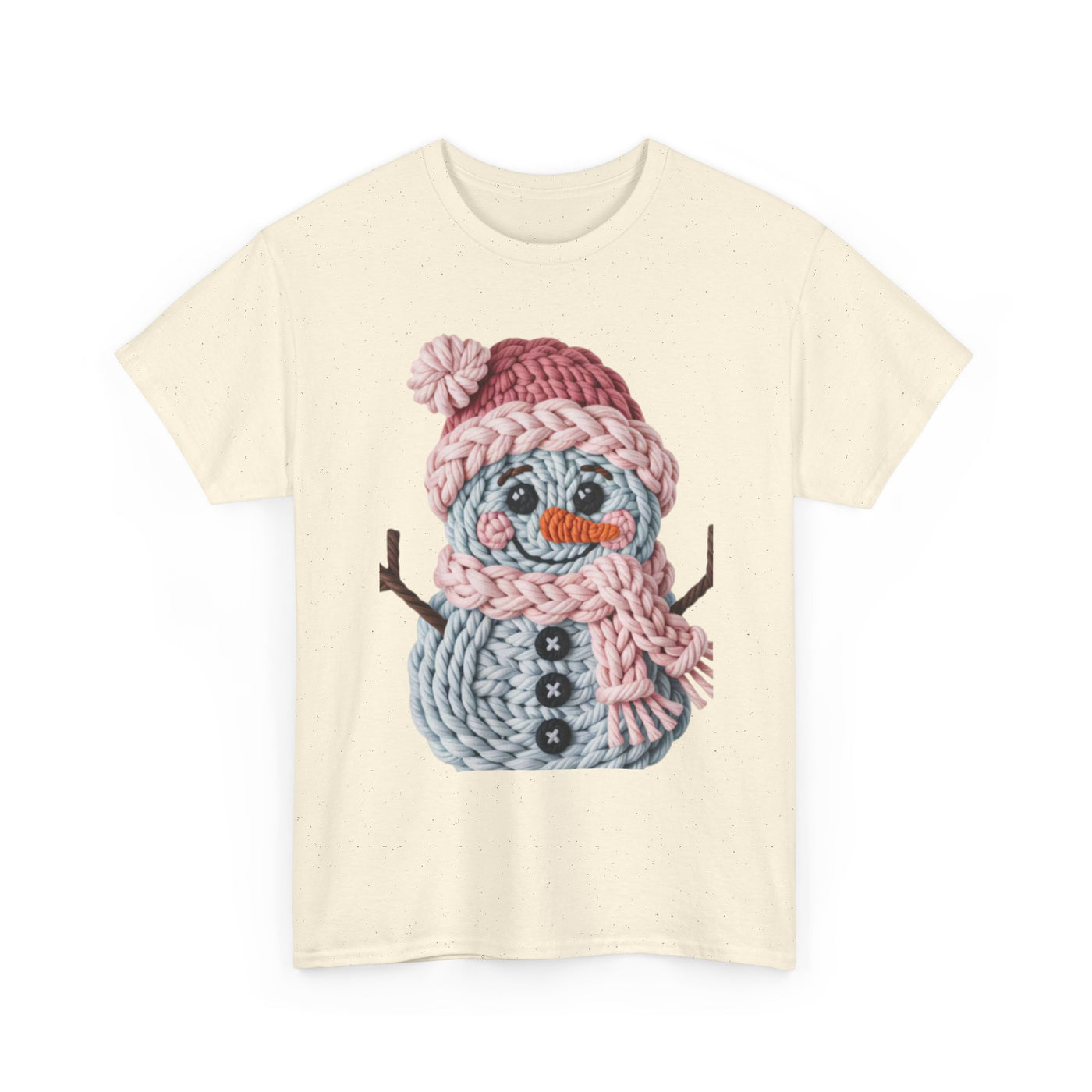 Knit Snowman Tee — Cute Winter Snowman T-Shirt with Pink Hat & Scarf