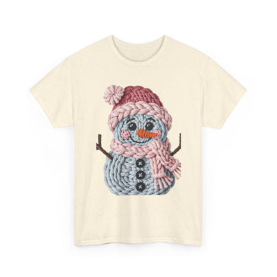 Knit Snowman Tee — Cute Winter Snowman T-Shirt with Pink Hat & Scarf