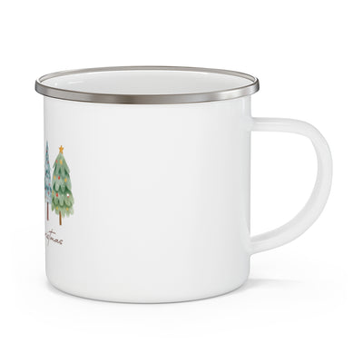 Enamel Camping Mug — Merry Christmas Watercolor Pine Tree Holiday Coffee Cup