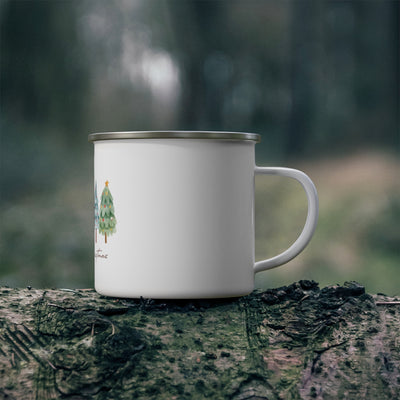 Enamel Camping Mug — Merry Christmas Watercolor Pine Tree Holiday Coffee Cup