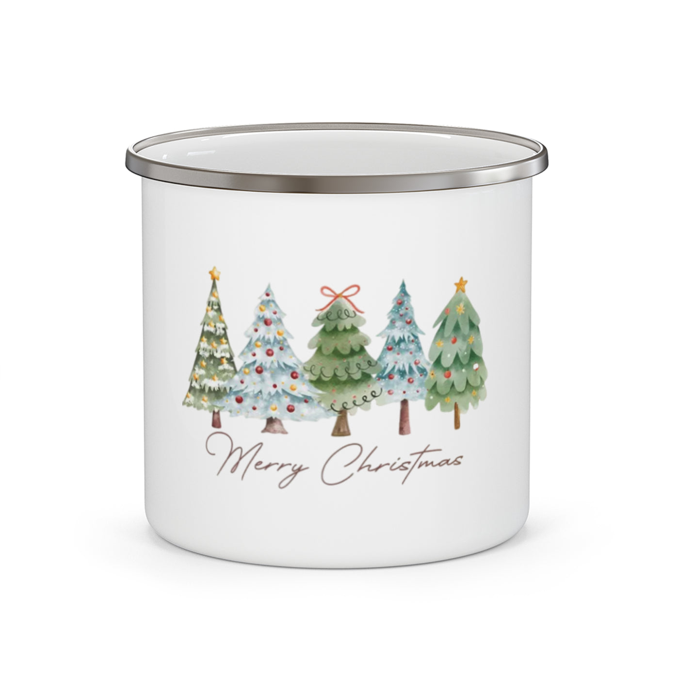 Enamel Camping Mug — Merry Christmas Watercolor Pine Tree Holiday Coffee Cup