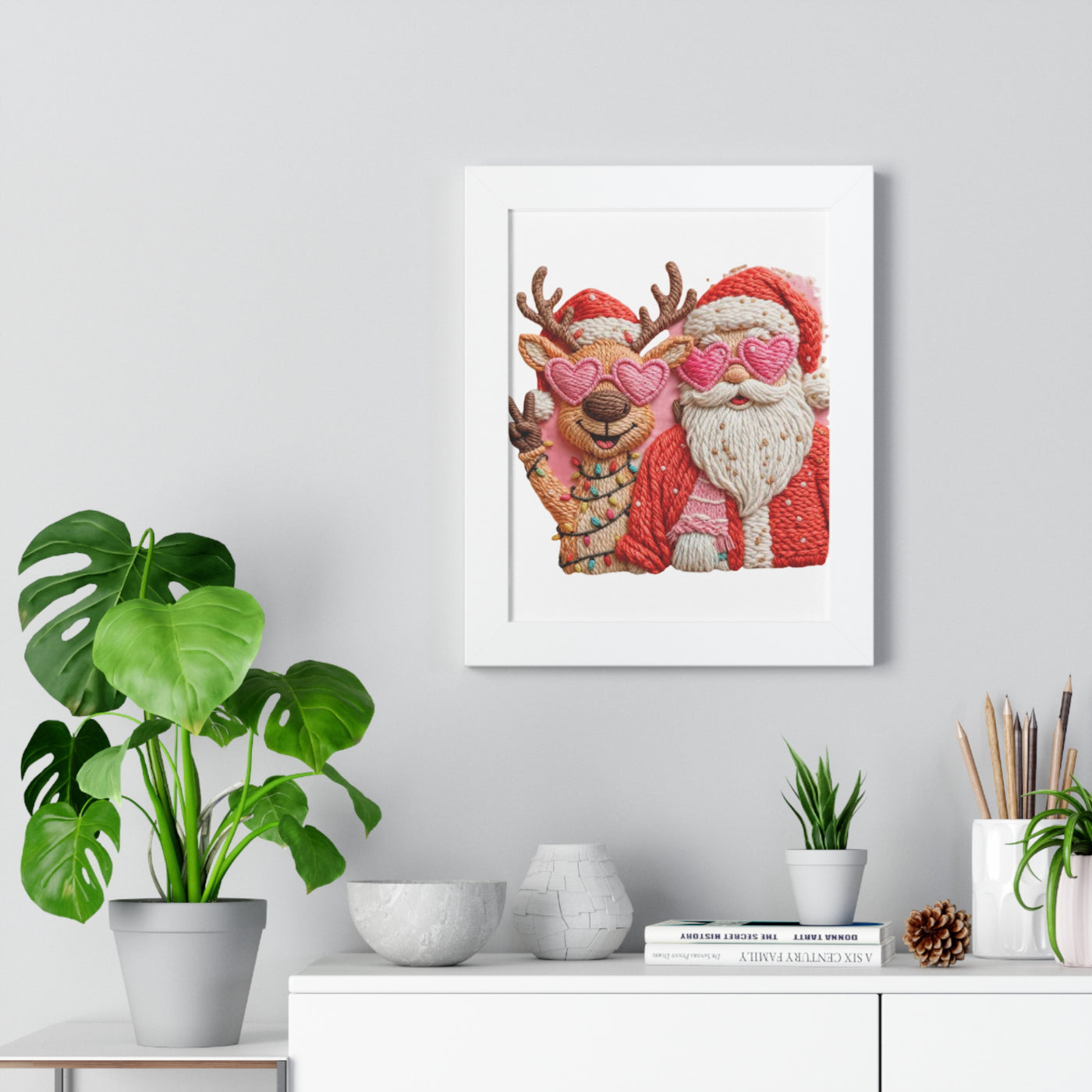 Framed Poster — Santa & Reindeer in Pink Heart Sunglasses (Vertical Holiday Wall Art)