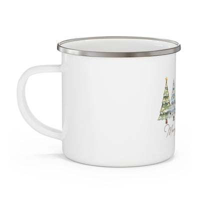 Enamel Camping Mug — Merry Christmas Watercolor Pine Tree Holiday Coffee Cup