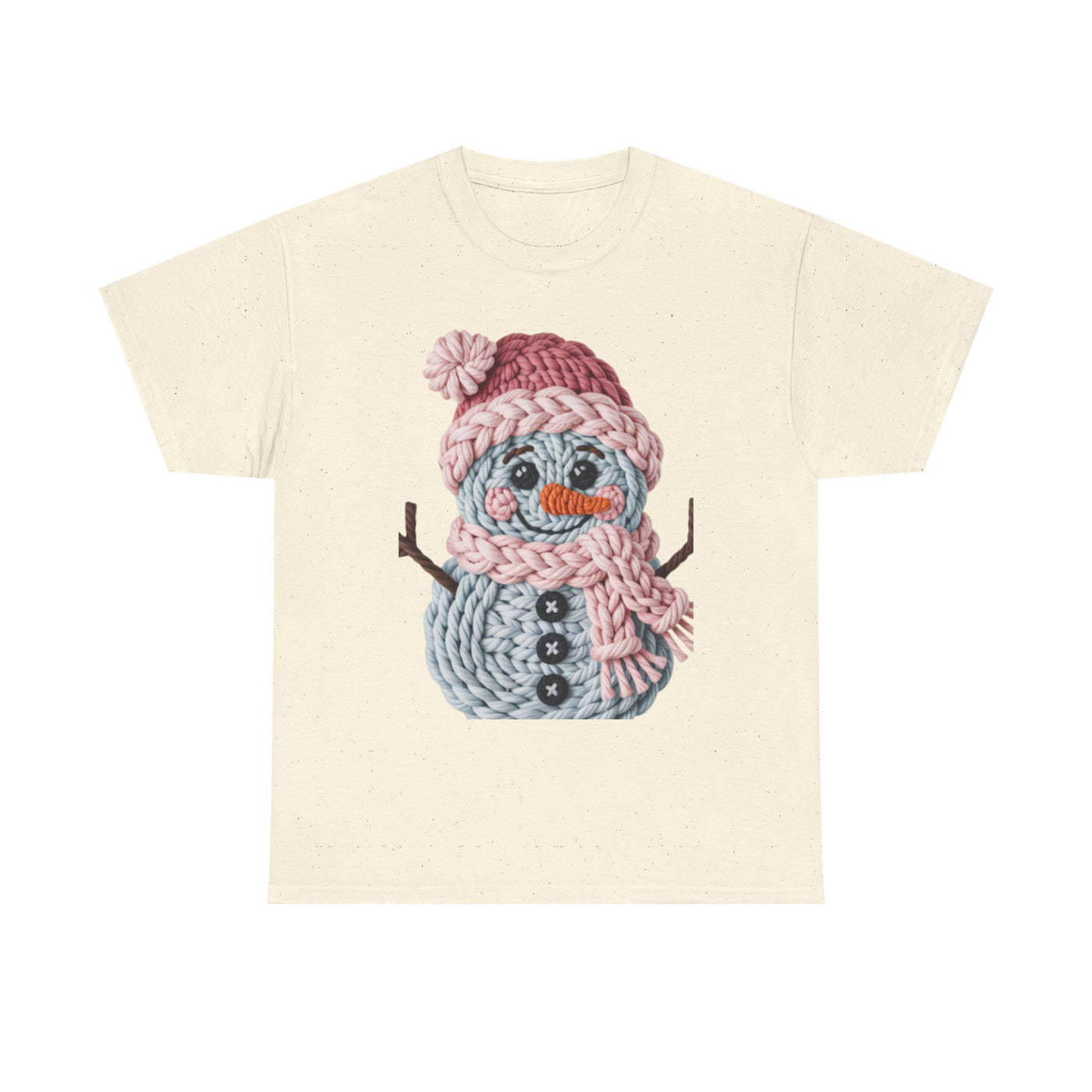 Knit Snowman Tee — Cute Winter Snowman T-Shirt with Pink Hat & Scarf
