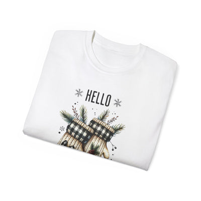 Hello Winter Mittens Tee — Cozy Plaid Holiday Graphic T-Shirt