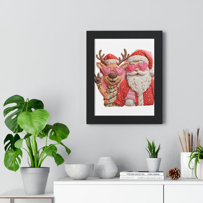 Framed Poster — Santa & Reindeer in Pink Heart Sunglasses (Vertical Holiday Wall Art)